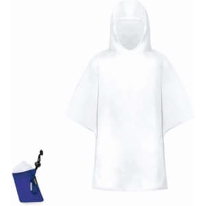 A white kids' poncho displayed next to a blue pouch, featuring a logo.