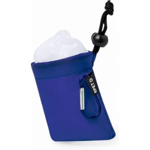 A blue poncho packed in a compact pouch with a carabiner, made from RPET material.