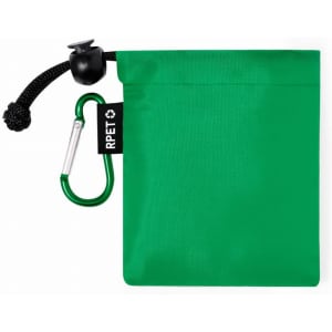 A green pouch with a drawstring and a carabiner clip, featuring a logo.