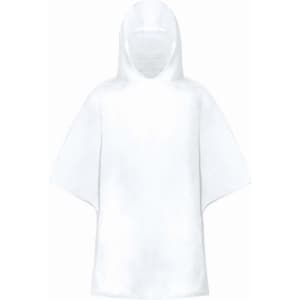 A white kids' poncho with a hood, made from RPET material, folded and stored in a matching pouch.