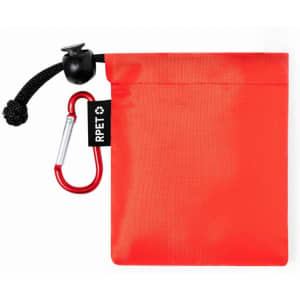 A red pouch made from RPET material with a black drawstring and a carabiner attached. It features a logo.