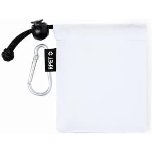 A white pouch with a drawstring, featuring a carabiner and an RPET tag.