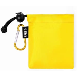 A yellow pouch made from RPET material, featuring a black drawstring and a metal carabiner.