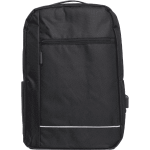 A black backpack with a front zip pocket, side pocket, and white accent stripe, featuring a logo.