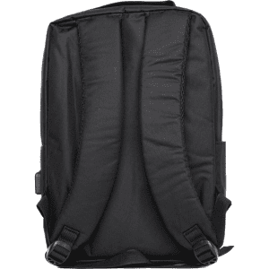 A black backpack with padded straps and a sleek design, featuring a logo on the exterior.