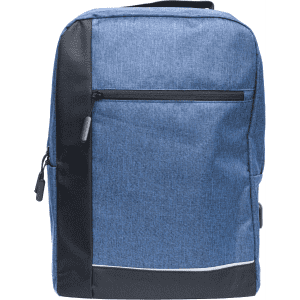 A blue backpack featuring a zippered front pocket and a contrasting black side panel. It also has a logo.