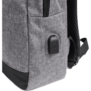 A grey fabric backpack with a side pocket and a small logo. The bottom has a contrasting black section.