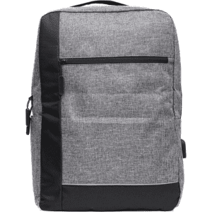 A grey and black backpack with a sleek design and a front zip pocket, featuring a logo.