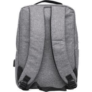 A grey backpack with padded straps and a sleek design, featuring pockets on the side and a logo.