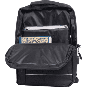 A black backpack featuring a main compartment and front pocket, with visible items like a tablet and a notebook.