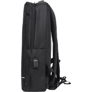 A black backpack with adjustable straps, featuring a front pocket and a branding logo.