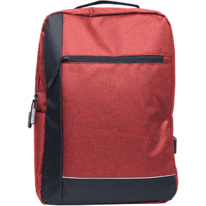 A red backpack features a front zipper pocket and a black panel accent, along with a loop for carrying.