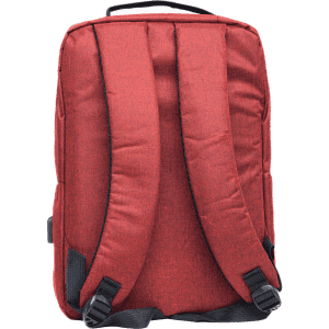 A red backpack with padded back and straps, featuring a simple design and a branding logo.