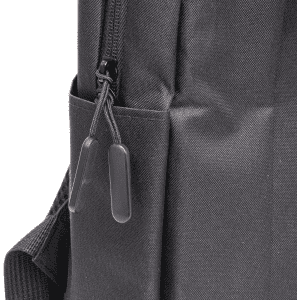 A black backpack with a zippered pocket and fabric pull tabs, featuring a sleek design and a branding logo.