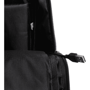 A black backpack with a visible USB charging cable inside. It features various compartments and a sleek design.