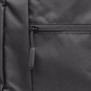 A black backpack with a zippered pocket detail. The fabric is textured and durable. It has a logo present.