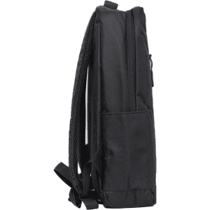 A black backpack featuring a slim profile, adjustable straps, and a side pocket. It includes a logo.