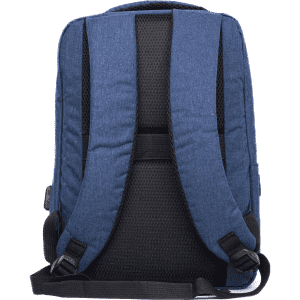 A navy blue backpack with padded straps and a mesh back for comfort, featuring a logo on the side.