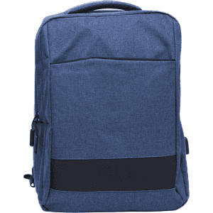 A blue Slate Backpack featuring a front pocket and a solid black stripe at the bottom. Includes a logo.