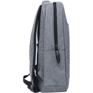 A grey backpack with a slim profile, featuring a zip closure and adjustable shoulder straps. It has a logo on the front.