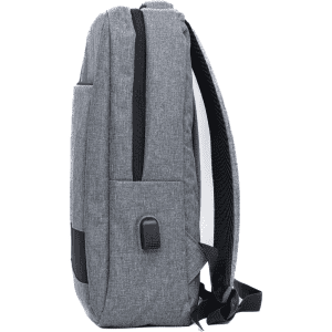 A grey backpack with a sleek design, featuring a side pocket and adjustable straps. Includes a logo.