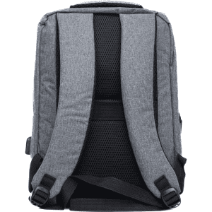 A grey backpack with padded mesh back and adjustable straps, featuring a simple design and a logo.