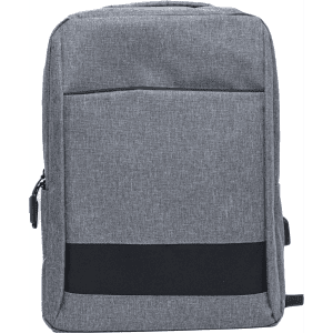 A grey, textured backpack with a black bottom panel and a front pocket, featuring a logo.