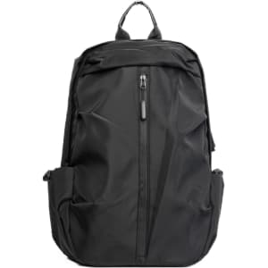 A black backpack with multiple compartments and pockets, featuring a top handle and a logo.