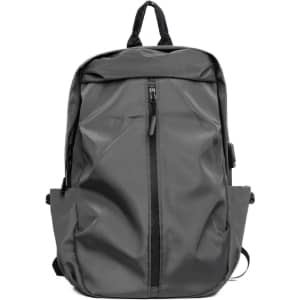 A grey backpack featuring a front zip pocket, side compartments, and a logo. Designed for functionality and style.