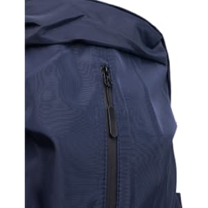 A navy backpack featuring a zip closure and a sleek design, with a logo on the side.