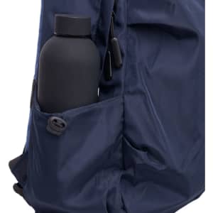 A navy blue backpack featuring a side pocket with a black drink bottle. The backpack includes zippers and durable material.