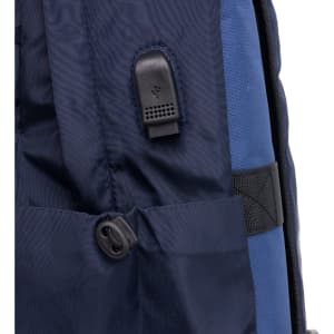 A navy backpack featuring a black zipper pull and a side attachment point. It has a textured fabric design.