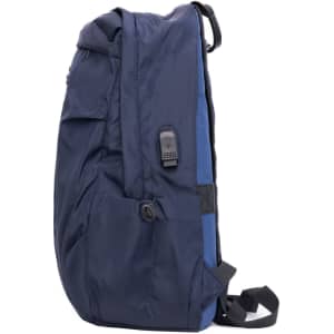 A navy and blue backpack with adjustable straps and a side pocket, featuring a logo.