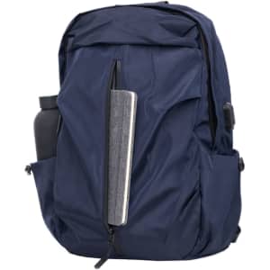 A navy blue backpack featuring a front zip pocket and side compartments for storage. It has a logo on it.