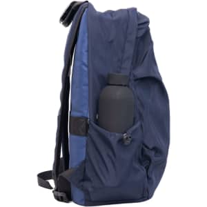 A navy blue backpack with a side pocket containing a drink bottle. It features shoulder straps and a logo.