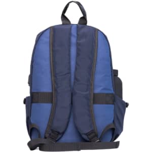 A navy blue backpack with padded straps and a logo, featuring side pockets and adjustable detailing.