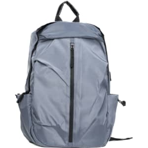 A grey backpack with a front zip pocket and side compartments, featuring a logo on the front.