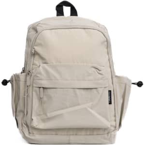 A beige backpack with multiple pockets, featuring a front zippered compartment and side mesh pockets. It has a logo.
