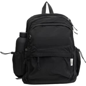 A black backpack with multiple compartments and a side pocket for a drink bottle. It features a logo on the front.