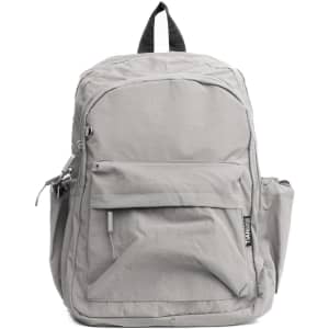 A grey backpack featuring multiple compartments and a side pocket, complete with a coordinating handle and branding.