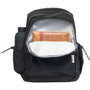 A black backpack with a grey interior, featuring a drink bottle and a brown leather wallet inside.