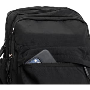 A black backpack with multiple zippers, featuring a pocket that holds a phone. It has branding visible on the side.
