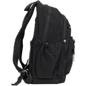 A black Mono Backpack with multiple compartments and adjustable straps, featuring a logo.