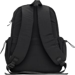 A black backpack with padded shoulder straps and side pockets, featuring a logo.