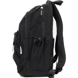 A black backpack featuring multiple zippers and pockets, with padded shoulder straps and a side view. It has a logo.