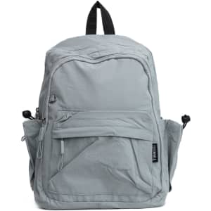 A grey backpack featuring multiple pockets and a logo. It has adjustable straps and a sturdy top handle.