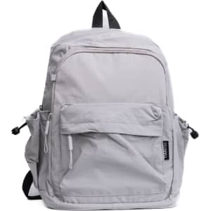 A grey backpack with multiple zippered compartments and side pockets, featuring a logo.