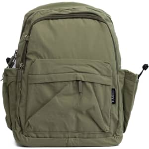 An olive green backpack with multiple compartments and a logo. Features side pockets and a sturdy build.
