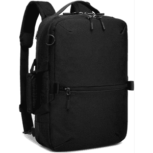 A black backpack with multiple compartments and straps, featuring a logo on the front.
