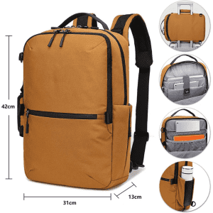A mustard yellow backpack with adjustable straps and multiple pockets, including a side drink bottle holder.